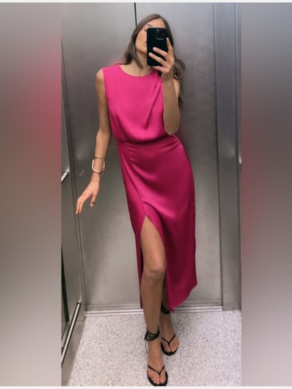 KNOTTED SHOULDER SATIN EFFECT DRESS FUCHSIA SIZE M